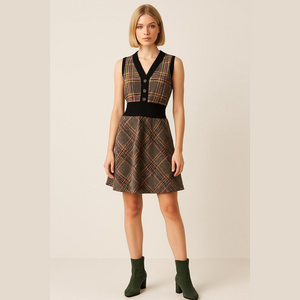 Vintage Brown Plaid Sweater Mini Dress Cinched Waist Pullover